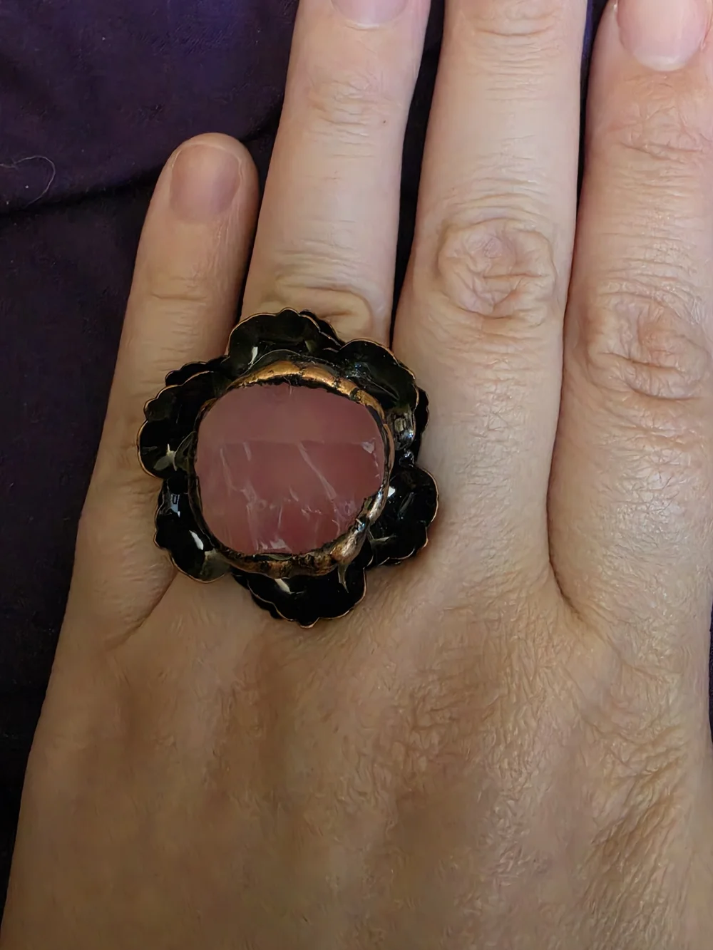 Adjustable Rose Quartz Flower Statement Ring